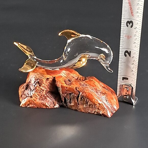 Glass Baron Clear Glass Dolphin Sculpture W 22 K Gold Accents On Burl Wood Base - Picture 8 of 10
